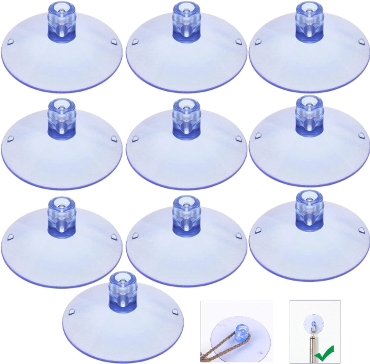 10 stuks – Zuignap met paddenstoelkop – Bevestigingsaccessoire voor de auto – 85 mm – Transparant blauw – Herbruikbaar en afwasbaar – Geschikt voor glas, auto's, tafels en kantoren