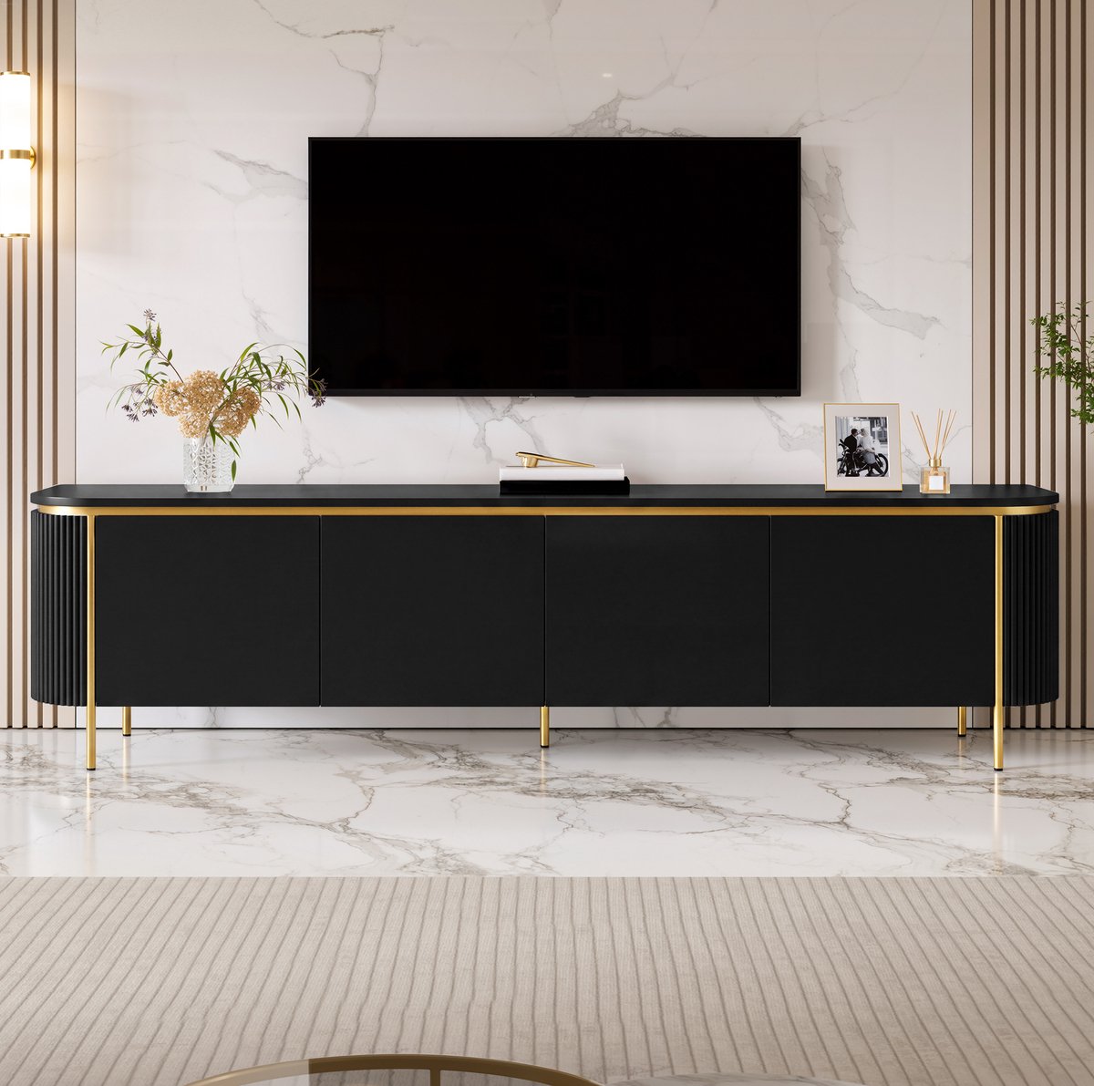 FloraGrace Tv-Meubel - Zwart Mdf met Zes Deuren en Kabeldoorvoeren - Voor Woonkamer - IJzeren Poten - 180 X 38 X 46 Cm