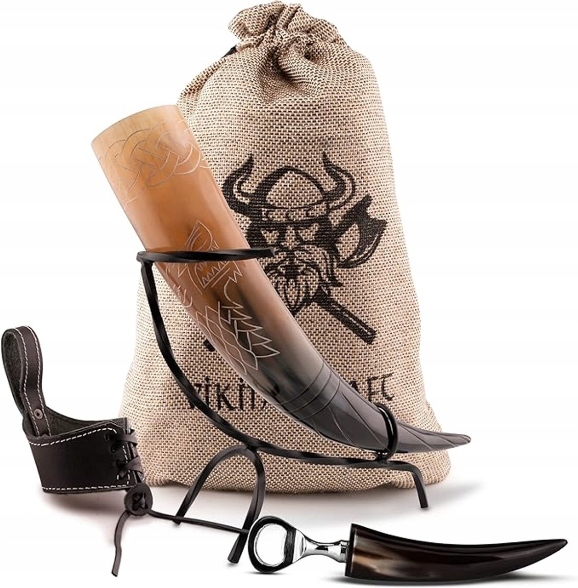 Viking Drinkhorn Set 450ml met Standaard & Flesopener - Uniek Cadeau