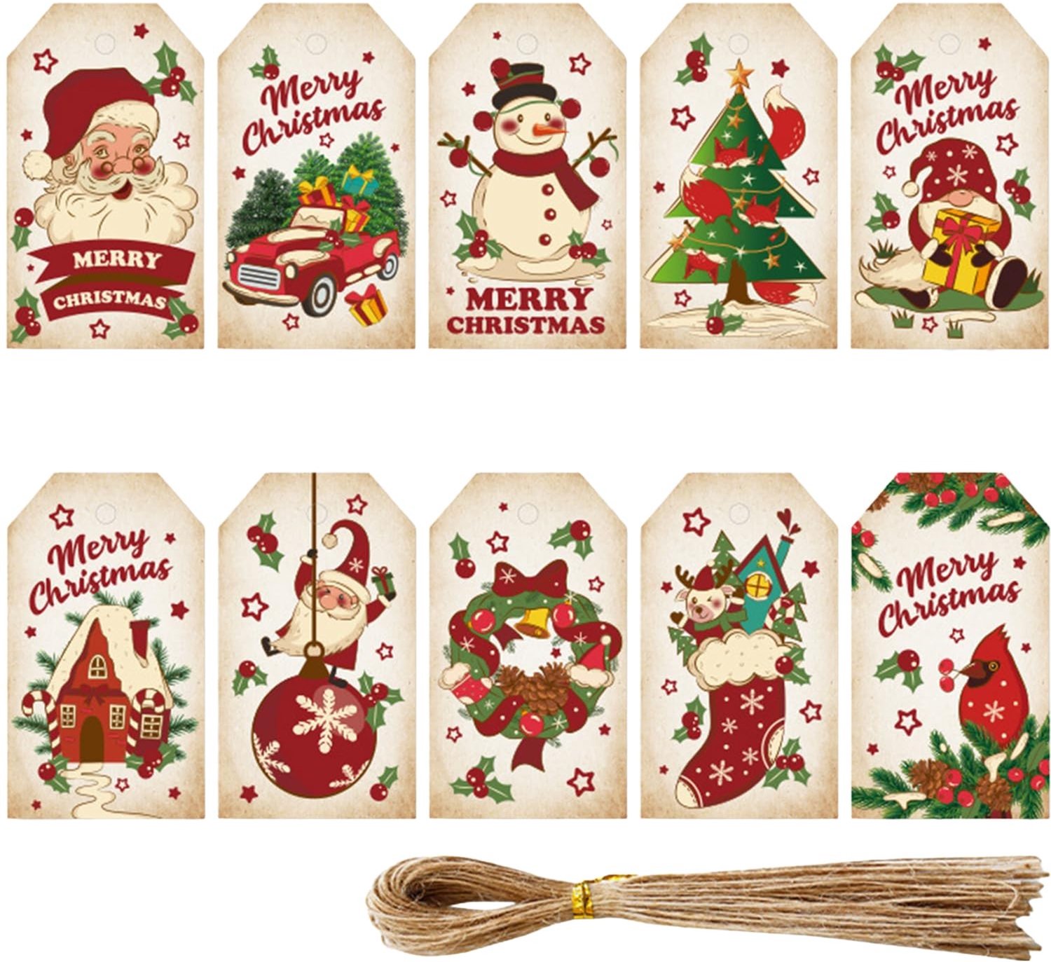 100 Stuks Kerstlabels van Kraft Papier met Jute Doos