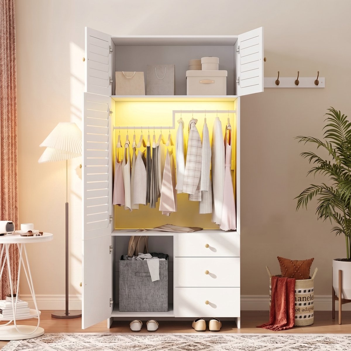 DESMIU Kledingkast - Ledverlichting, Wasmand En 3 Lades - Voor Slaapkamer, Kinderkamer En Woonkamer - Spaanplaat - 90x50x200 Cm - Wit