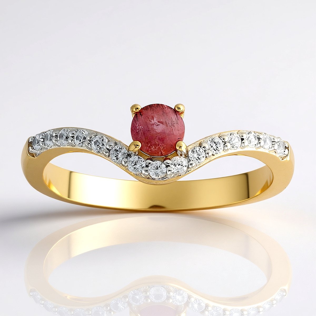 Cavill - Gouden ring 375 geelgoud - Pezzottaite 0,187 ct uit Madagaskar - 15 Zirkonen 0,185 ct Tanzania - Elegante damesring met golvend ontwerp