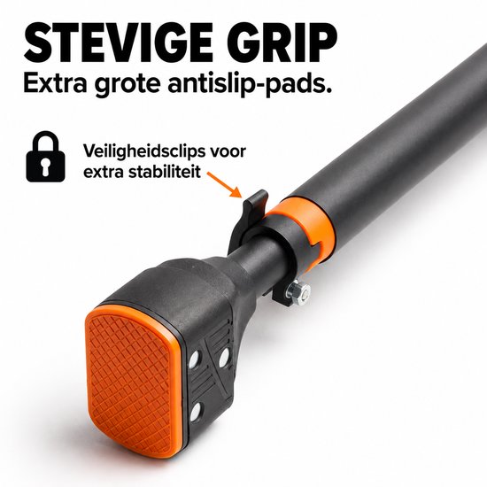 Close-up van stevige grip met extra grote antislip-pads en veiligheidsclips.