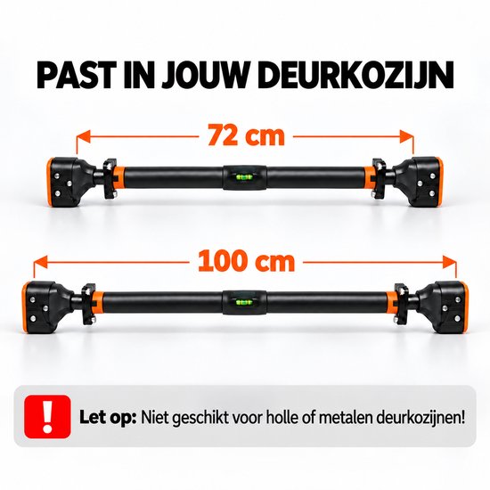Zwarte en oranje stang met waterpas, 72 cm en 100 cm.