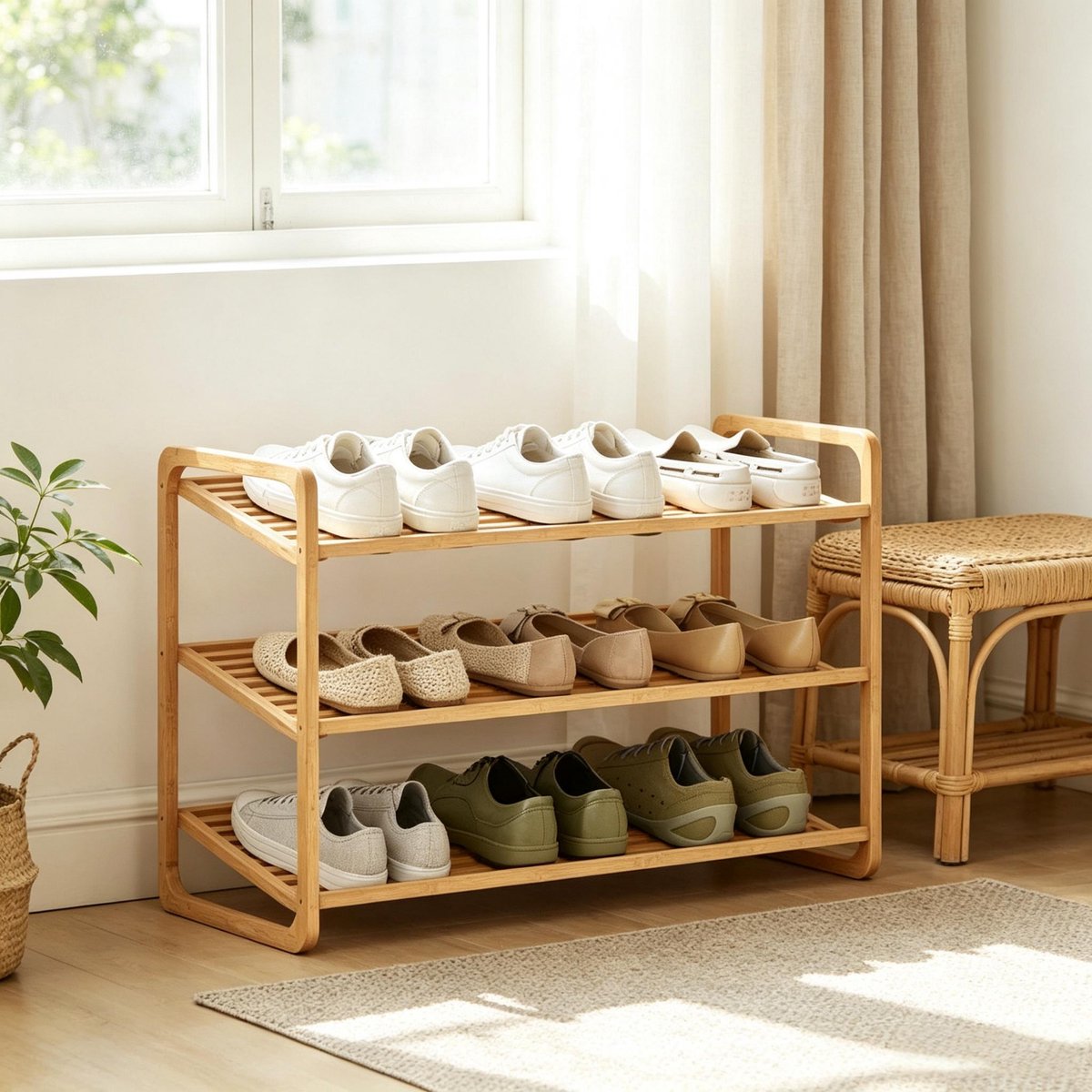 Bamboe Schoenenrek Met 3 Lagen - Open Opbergrek Voor 9 Tot 12 Paar Schoenen - Schoenenrek Voor De Hal - 76 Cm Breed - Natuurlijk Bamboe