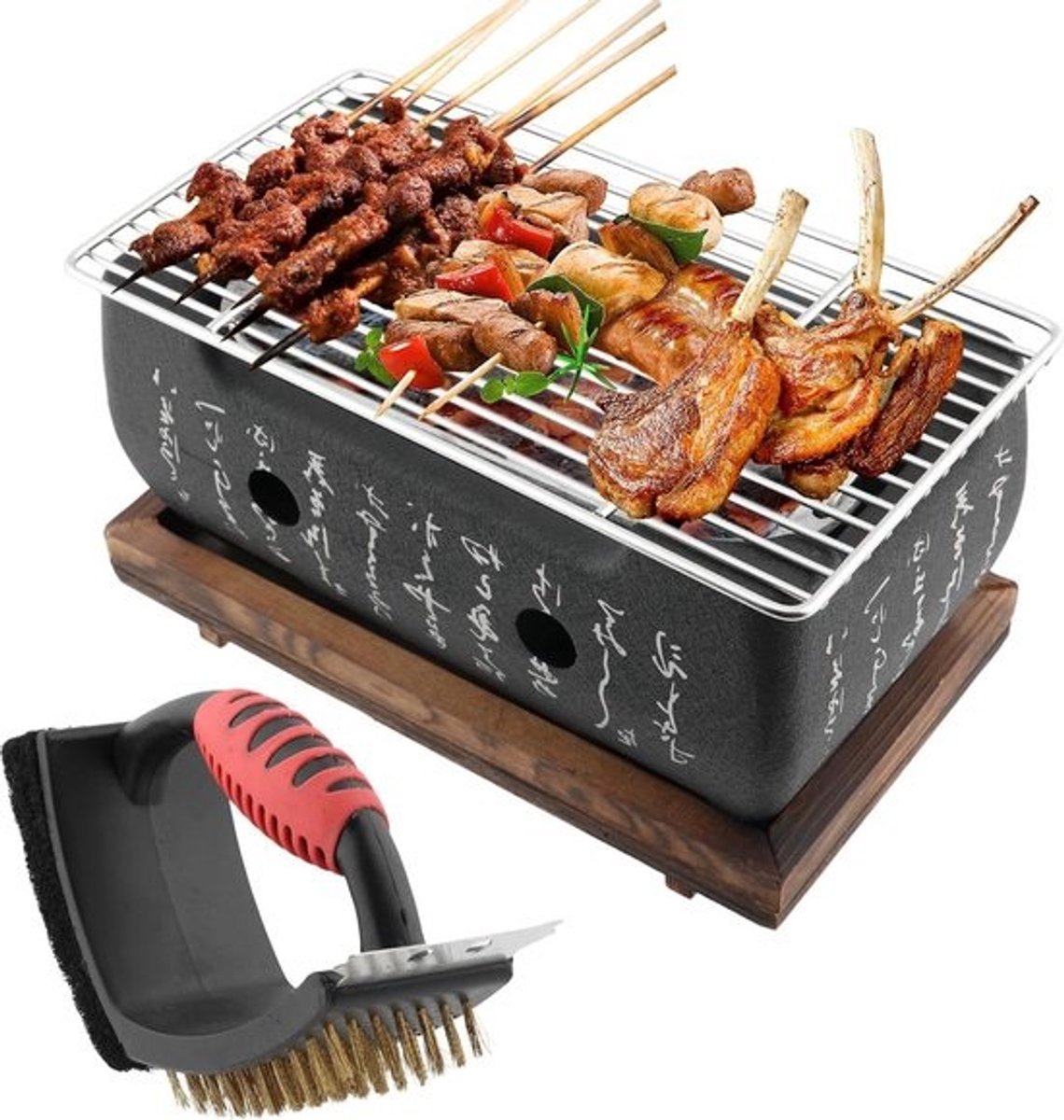 Houtskool Japanse grill - mini BBQ grill draagbare kookplaat tafeltop party accessoires BBQ-schoonmaakborstel