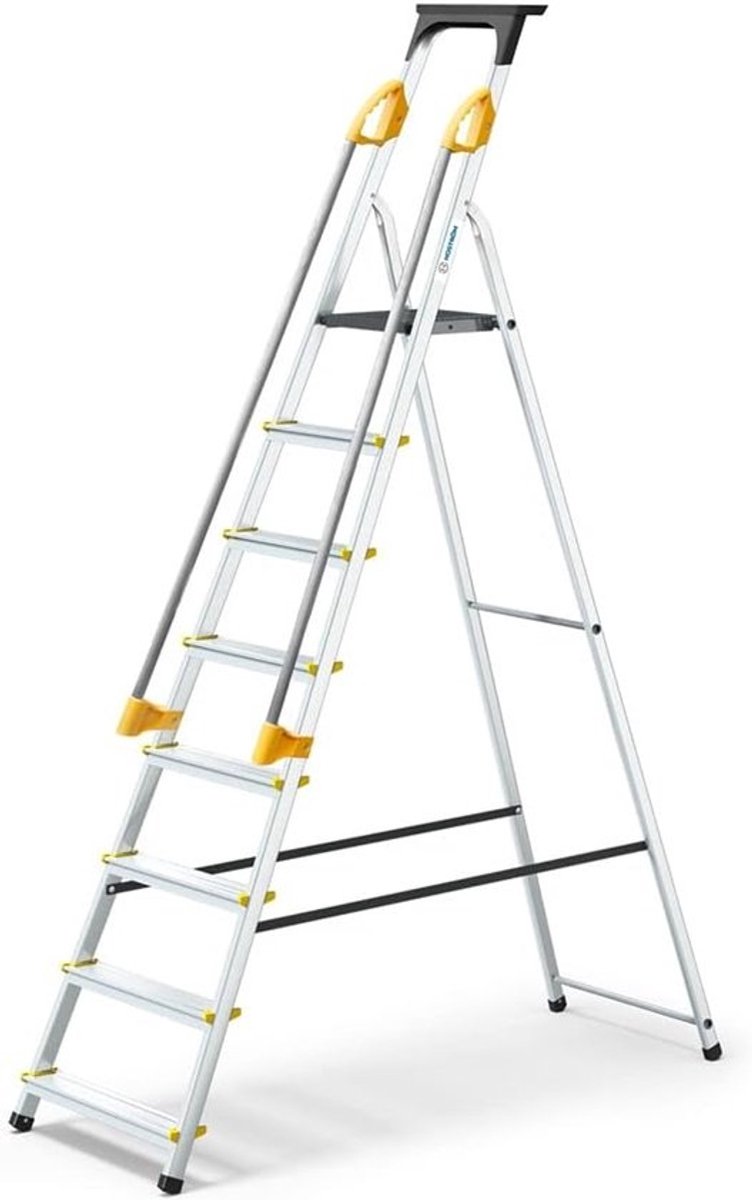 Trapladder met 8 treden - Beveiligd - Hellingen - Gereedschapshouder - Inklapbaar - Aluminium - Platformhoogte 162 cm - Trapladder