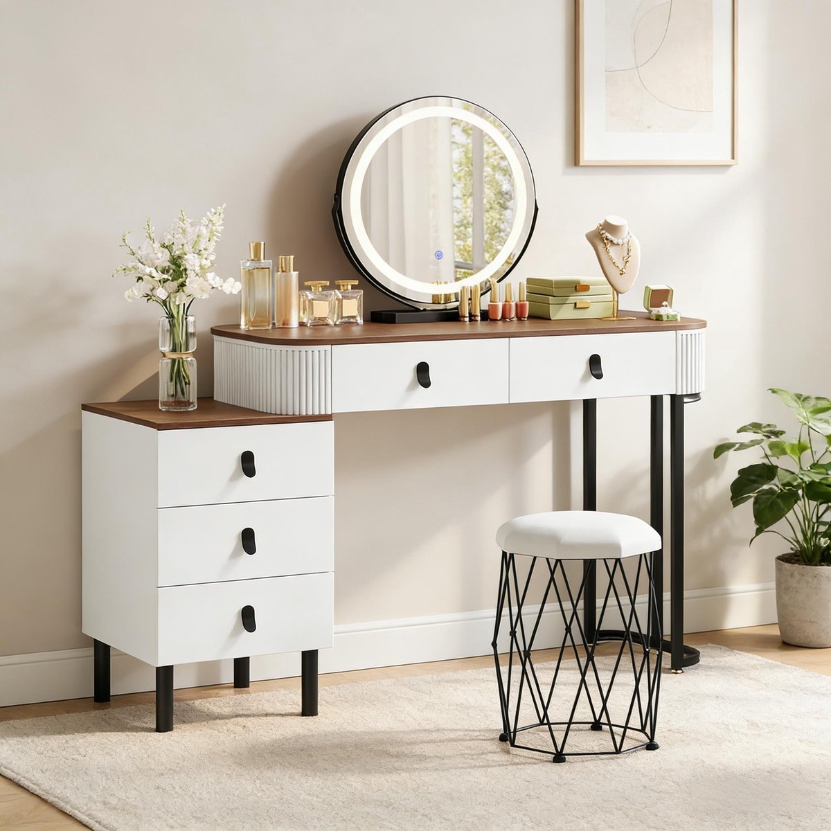 Kaptafel Met Dimbare Ledspiegel - Make-uptafel Met Vijf Lades En Fluwelen Kruk - Voor Slaapkamer Of Dressing - Wit En Bruin