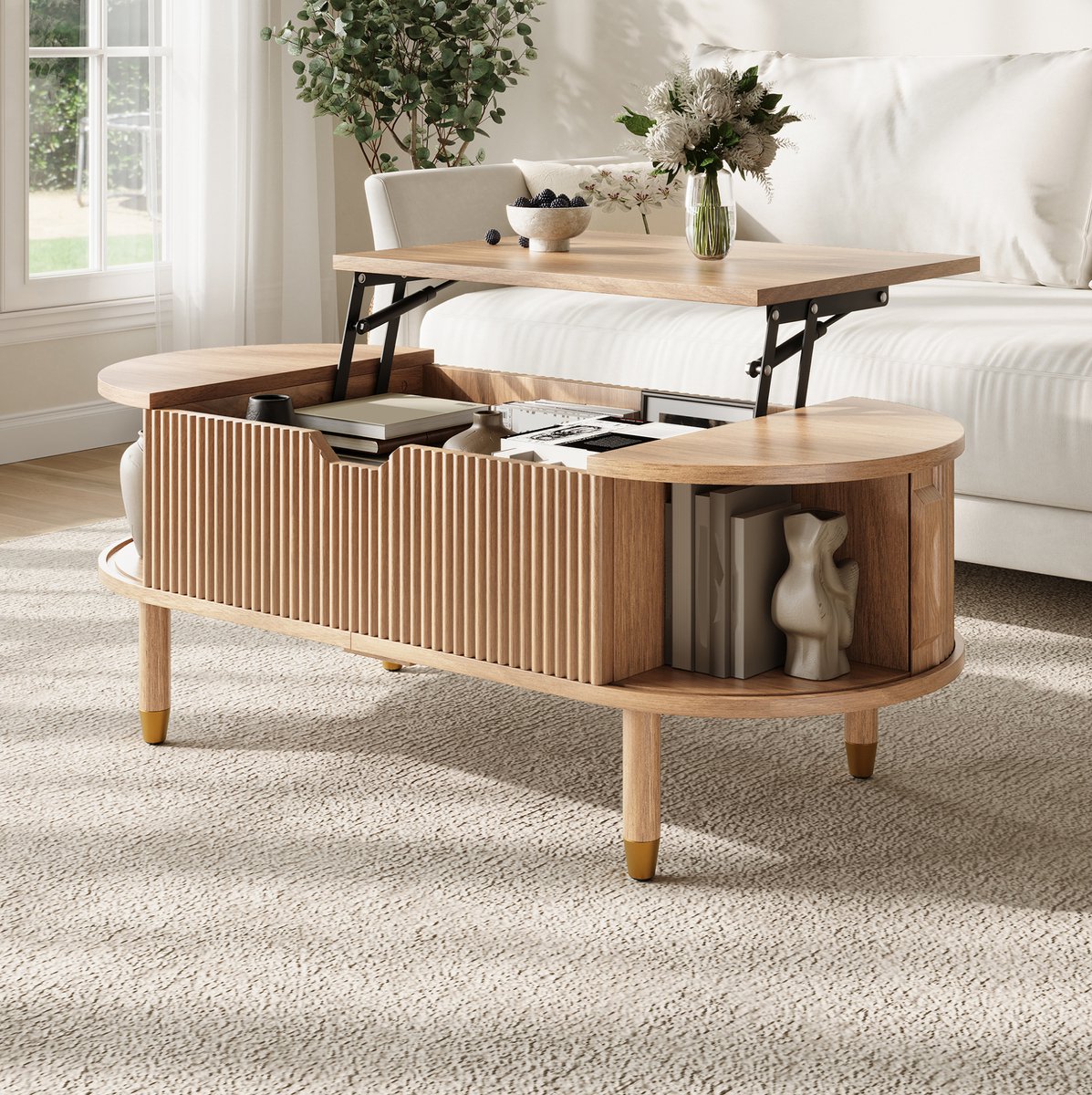 FloraGrace Salontafel - Hydraulisch Hoogteverstelbaar Met Opbergruimte - Voor Woonkamer - MDF En Hout - 110x48x57 Cm - Naturel