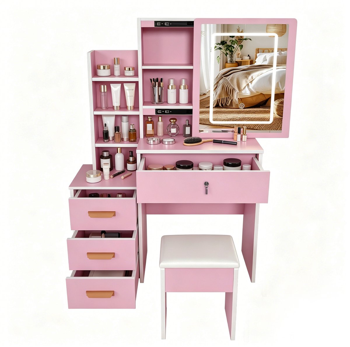 Kaptafel met Spiegel en Verlichting - 4 Lades en Open Vakken - Make-up Tafel met Zachte Kruk voor Slaapkamer - Roze MDF