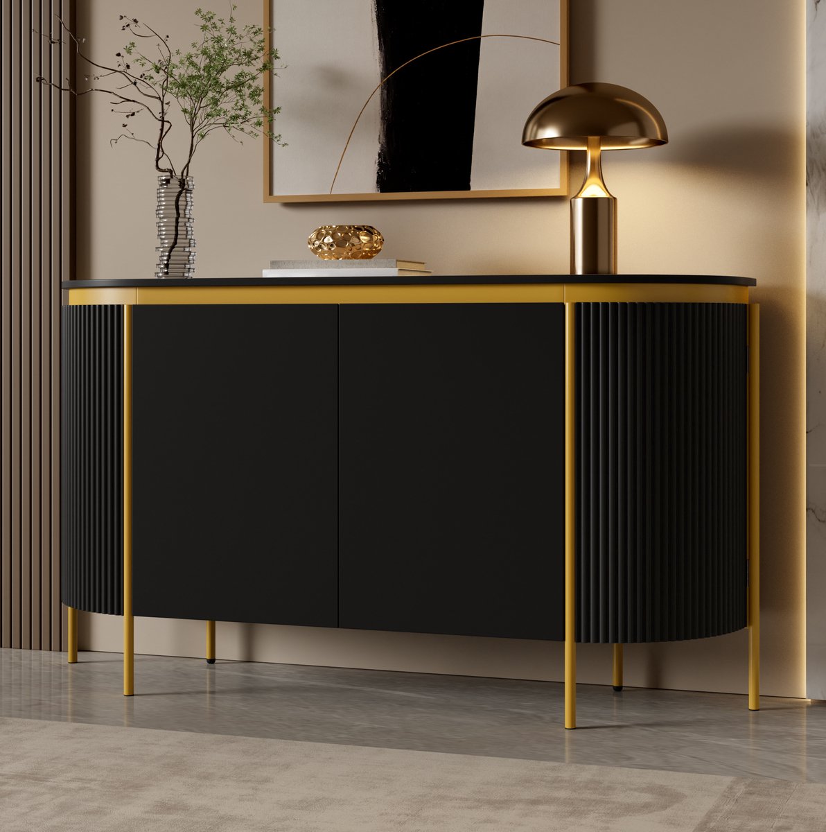 FloraGrace Dressoir - Ovale Opbergkast Met Vier Deuren En Kabeldoorvoer - Voor Woonkamer En Hal - MDF En IJzer - 140x38x80 Cm - Zwart