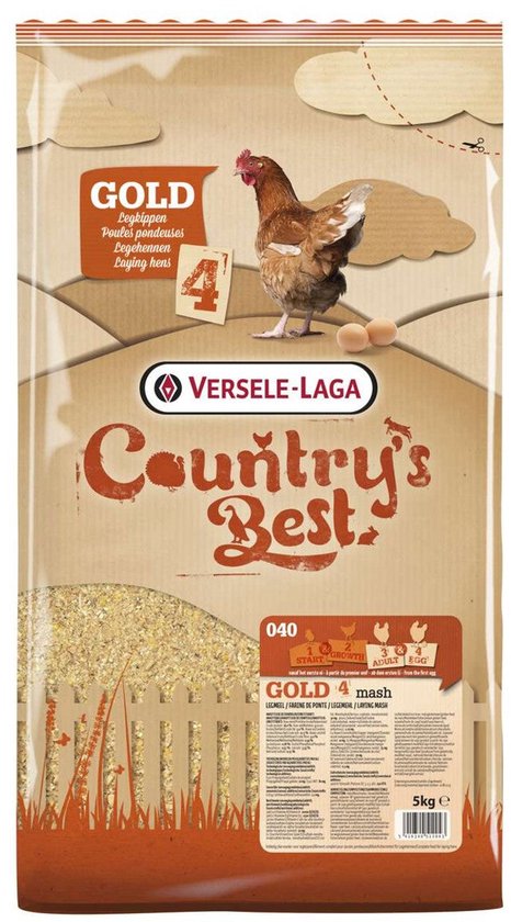 Verpakking Country's Best Gold 4 mash legmeel voor legkippen. Goudbruine zak met kipafbeelding en 'GOLD Legkippen' tekst.
