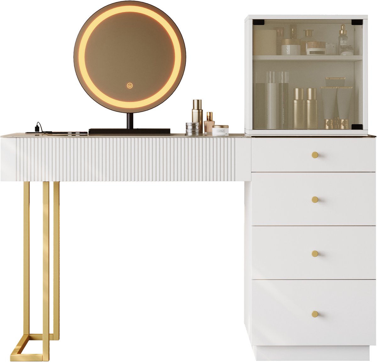 Kaptafel Met Spiegel - Witte Kaptafel Met Led Spiegel, Vijf Lades En Kast - Make-up Tafel Voor Slaapkamer - 120 X 40 X 120 Cm MDF Glas