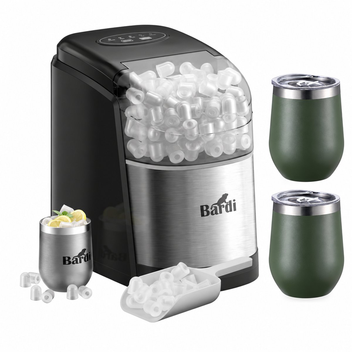 Bardi IJsblokjesmachine Set - 1.6L RVS - Zelfreinigingsfunctie - IJsblokmaker met IJsschep -met IJsschep - Inclusief 3 Luxe Thermosbekers en Ijsschep- Groen