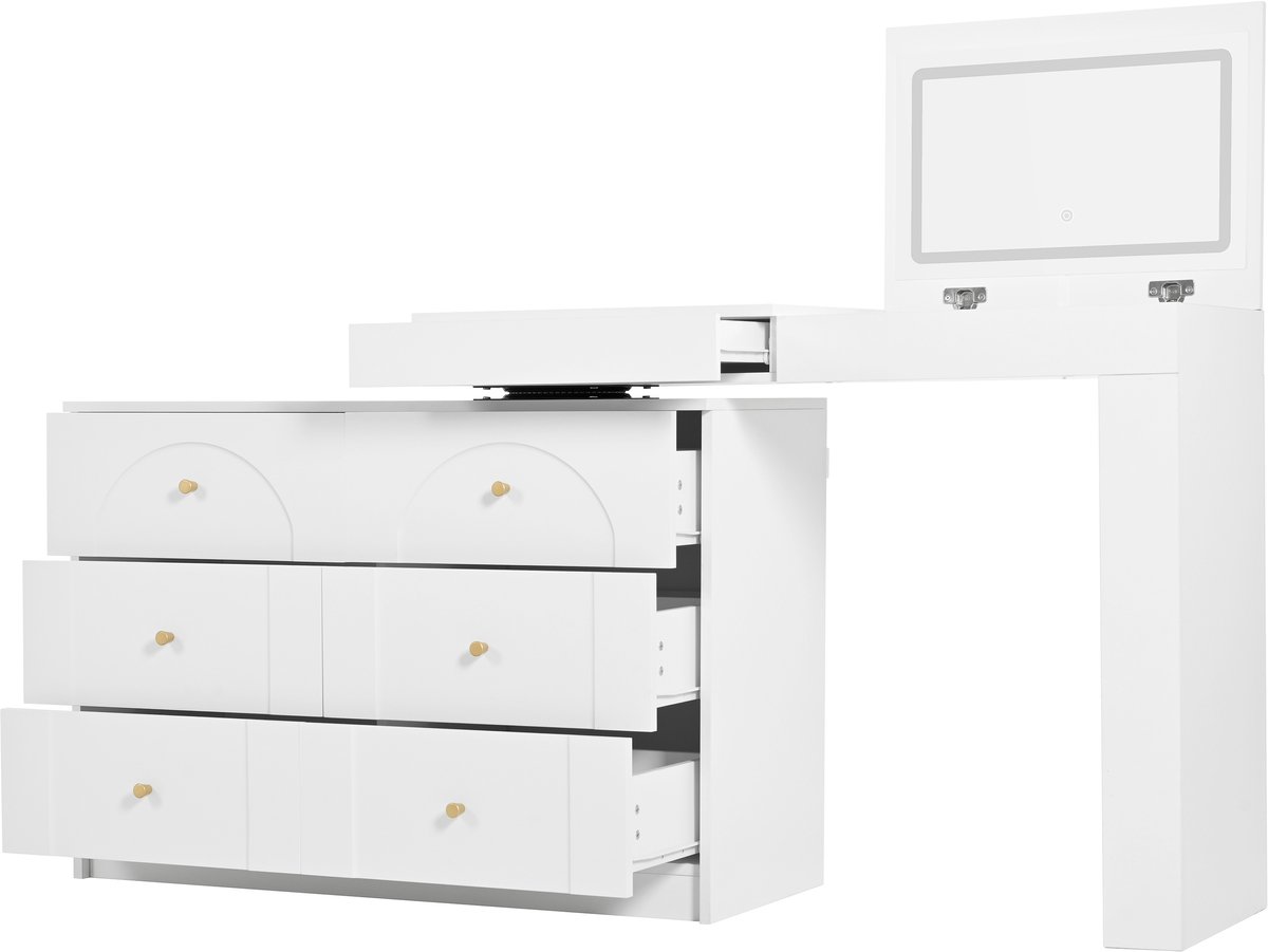 Kaptafel Met LED Spiegel - 7 Lades En Open Zijplank - Make-uptafel En Bureau In Eén - Voor Slaapkamer Of Dressing - Wit Spaanplaat