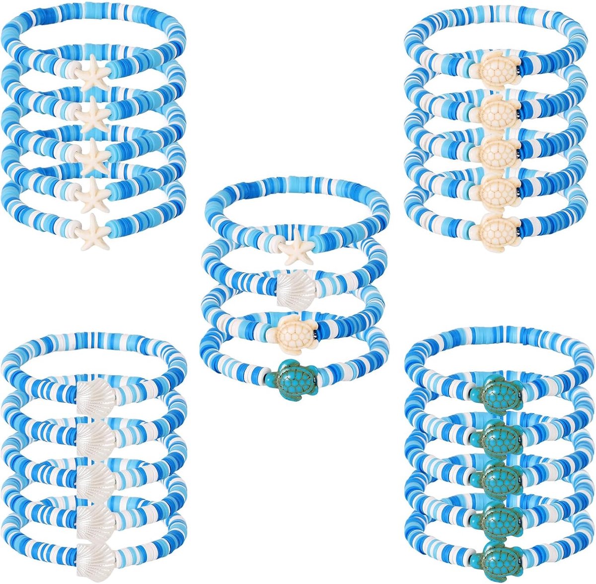 24st Zomerse Strandarmbanden voor Dames, Stapelbare Kralenarmbanden van Polymeerklei met Oceaan-Thema Schelp- Zeester- en Schildpadbedeltjes Surferfeestje Sieraden voor Op Het Strand