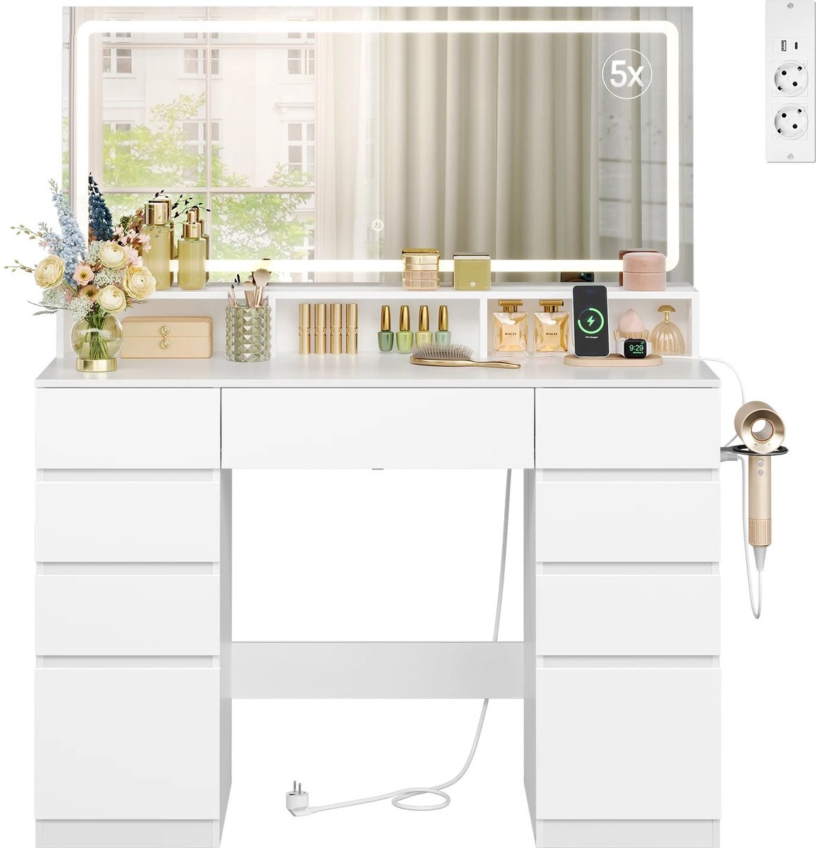 Prime Home Kaptafel - Kaptafel met spiegel en verlichting - Sieradenkast - Sieradenkast met spiegel - Spiegel met verlichting - Make-upspiegel - Verstelbare LED-verlichting - Acrylpaneel - Hout - 113 x 40 x 140cm - Wit