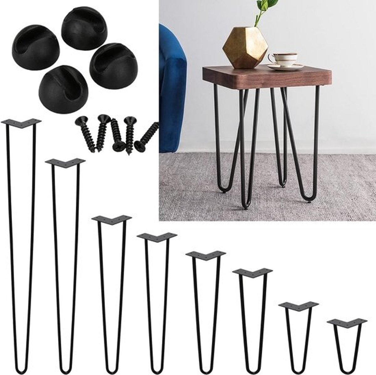 Set van 4 - Metalen tafelpoten - Zwart - Hairpin-design - 45 cm - Inclusief vloerbeschermers