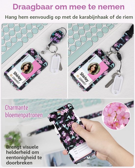 Bloemrijke Badgehouder met Retractable Reel, Carabiner Clip en Afneembare Lanyard Strap in Roze en Zwart — afbeelding 5