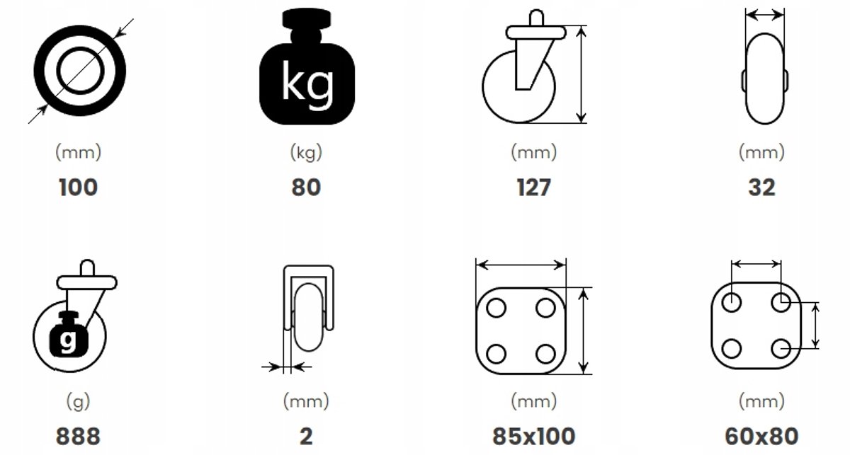 Zwenkbaar Wiel 100mm met Rem, Draagvermogen 80kg