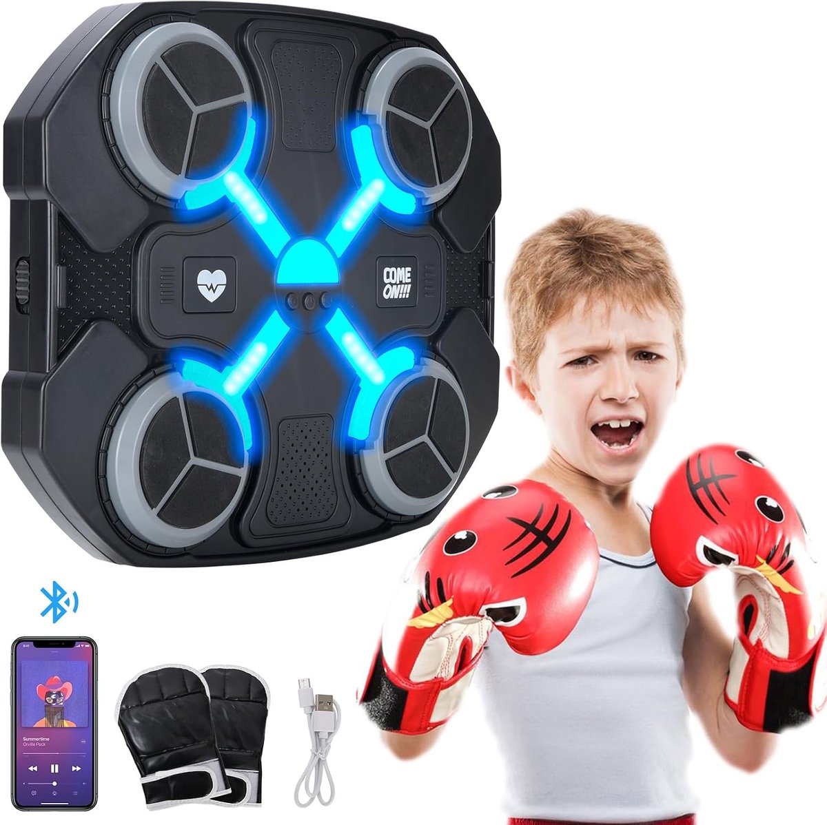 Muziekboksmachine met Bokshandschoenen voor Kinderen - Slimme Music Boxing Machine - Muzikale Boksmachine Aan de Muur met Bluetooth en Led-licht - USB-opladen
