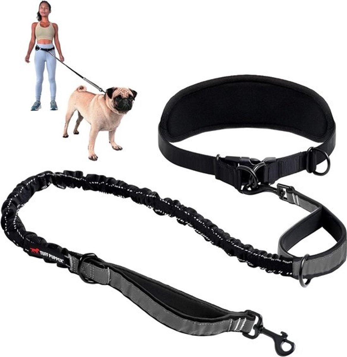 Handsfree hondensliert met schokabsorberende bungee | Geschikt voor kleine en middelgrote honden tot 20 kg | Reflecterende handvatten | Lumbale heupband 56-114 cm
