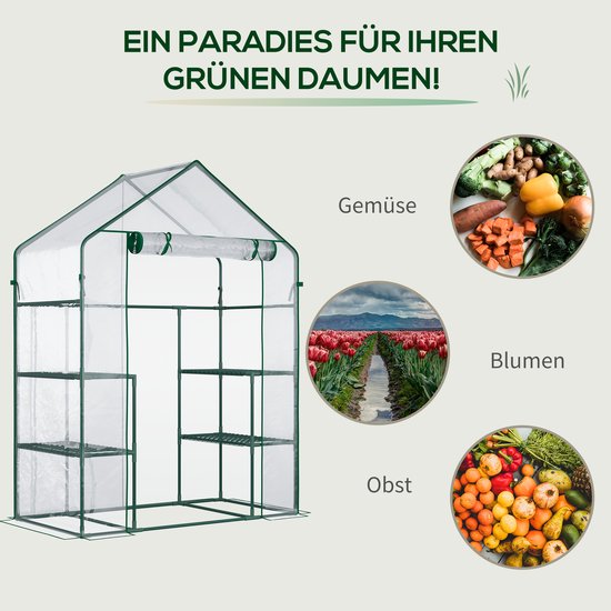 Een transparante foliekas met groen frame, deels gevuld met groenten, bloemen en fruit.