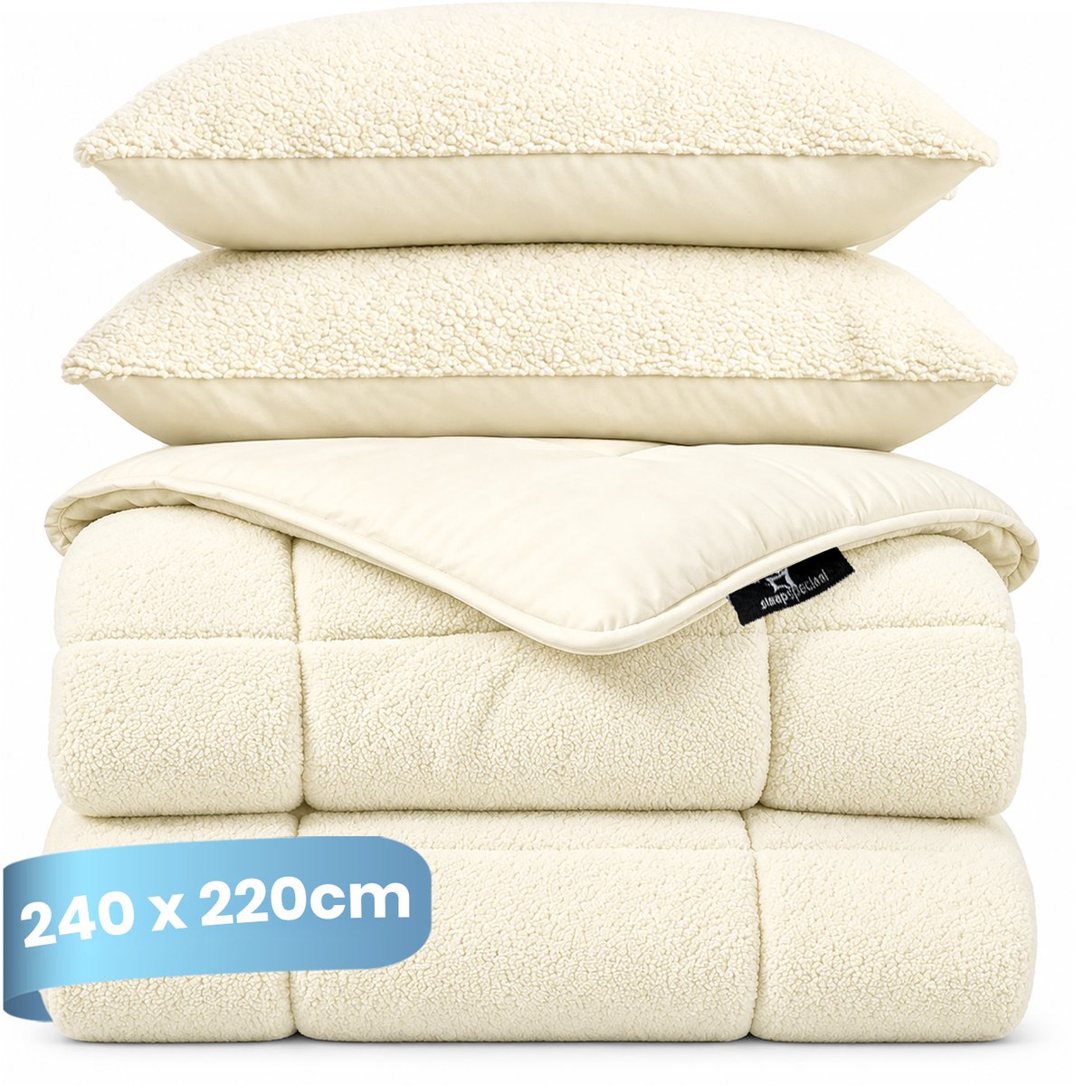 Slaapspeciaal Teddydekbed - Dekbed zonder overtrek - Winterdekbed - Wasbaar dekbed zonder overtrek - Hoesloos dekbed - Fluffy - 2 in 1 Dekbed - Ecru - 240x220 cm - Inclusief 2 Kussenslopen 60x70 cm