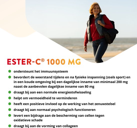 Vrolijke vrouw op het strand met een rugzak, naast de tekst "ESTER-C 1000 MG".