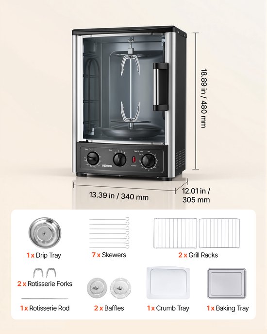 VEVOR Verticale Dönergrill 22 L 1500 W Gyrosgrill Kebabgrill Shawarma voor Gezinnen en Kleine Gezelschappen, 0-240 °C, 0-60 min Timer, met Draaispit, Grillrooster, Lekbak en Kruimellade — afbeelding 3