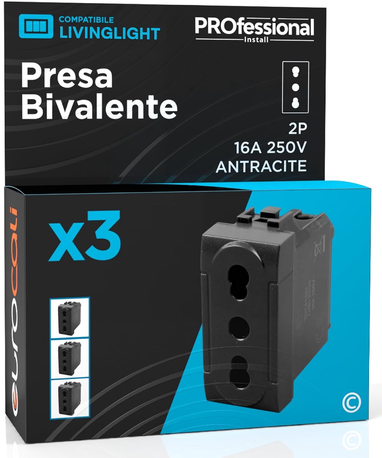 Italian Socket, 2P+T, Dual Socket, 10/16 A, 250 V, 2 Pole Socket, Pluri Standard, Wall Socket, Colour Anthracite - ShopVlot