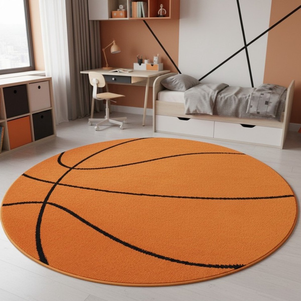 TapisTrend Kinderkleed Oranje Rond kindertapijt met basketbalpatroon voor slaapkamer, speelkamer en sportruimte, foto 2