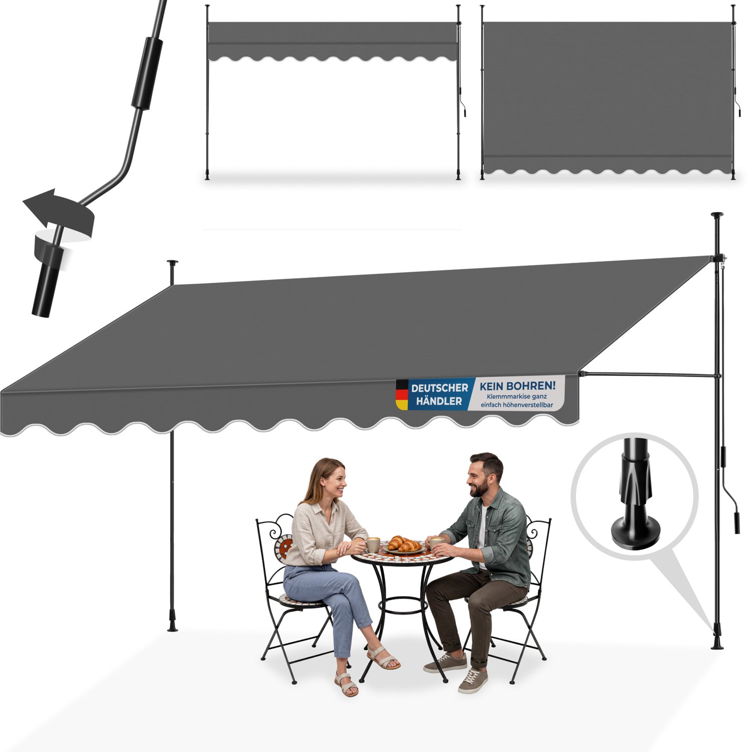 Bol.com tectake® Klemluifel met handslinger - Balkonluifel zonder boren - In hoogte verstelbaar - UV-bestendig - Waterafstotend ... aanbieding