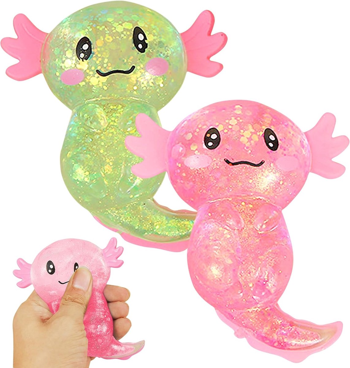 2 stuks Axolotl speelgoed, Animagic Axolotl, schattig cartoon-glitter squishy speelgoed, knijpspeelgoed voor stressvermindering, ontspannend sensorisch voor kinderen en volwassenen, geschikt voor