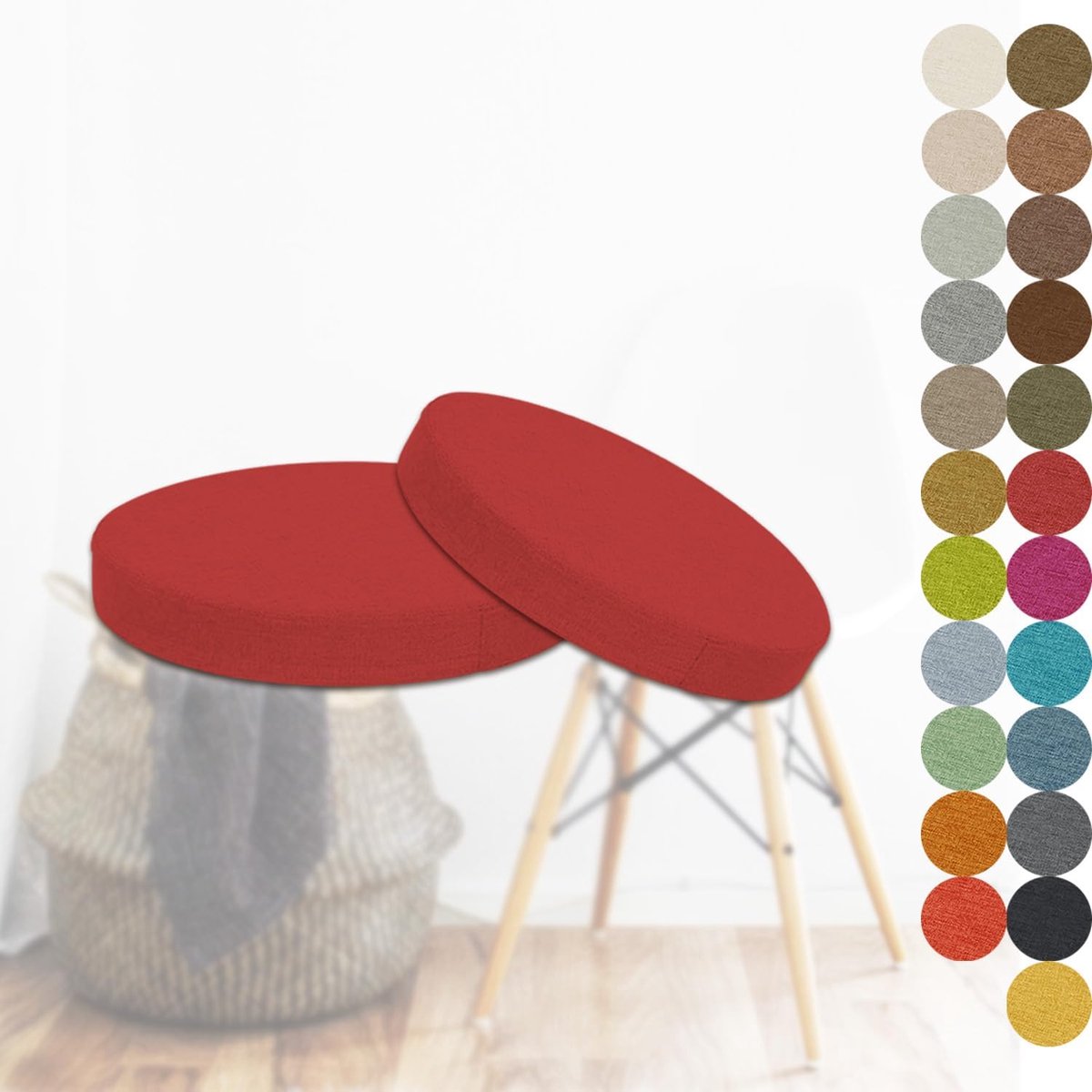 Rond zitkussen, 60 x 60 x 8 cm, set van 2 rode stoelkussens voor binnen, buiten, bistro, eetkamermeubels, comfortabele en stijlvolle tuinstoelen, upgrade