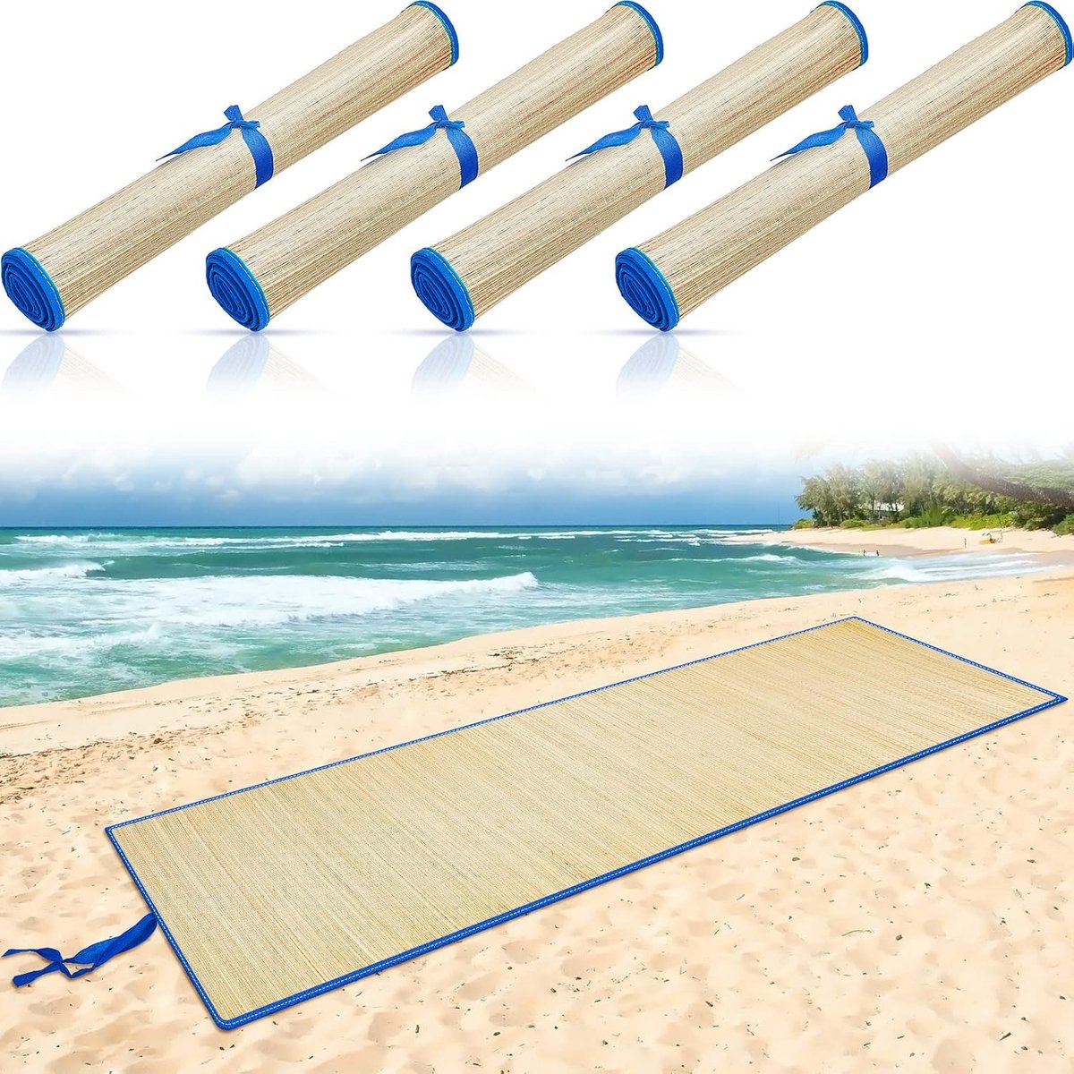 4 stuks stro strandmat waterdichte antislip stromat opvouwbare lichtgewicht picknickmat met trim voor kamperen zonnebaden picknick vloer yoga (blauw, 178 x 61 cm)