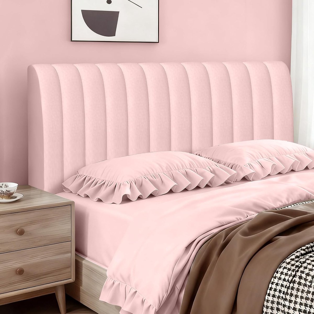 Hoofdbordbekleding voor bed, verticale strepen, fluwelen hoofdbordbekleding, zacht, slaapkamerhoes, roze, 210 cm