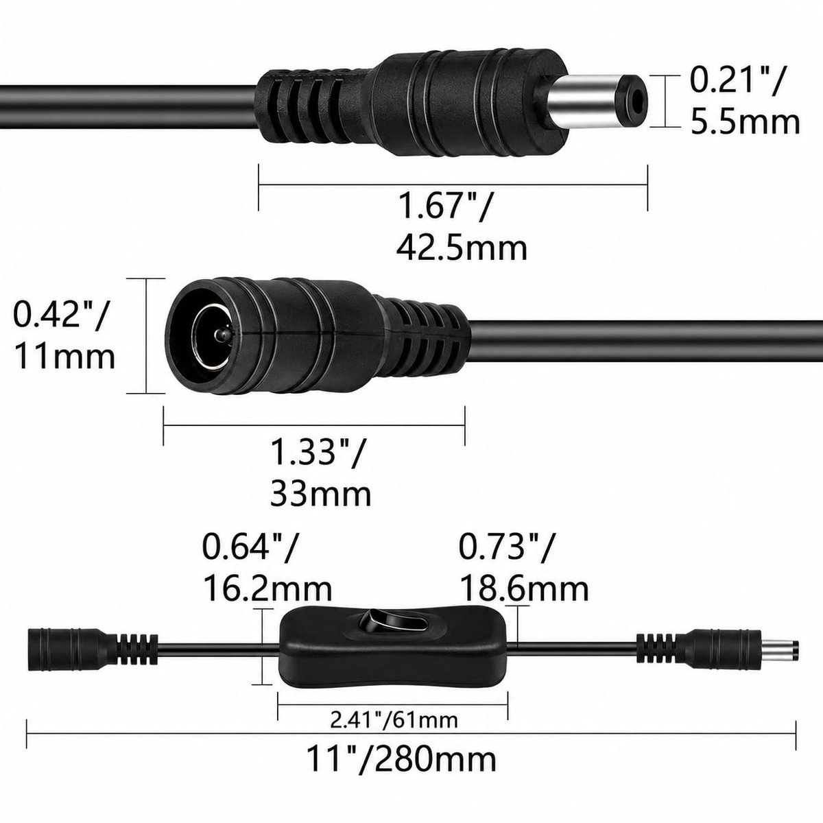 5 stuks DC verlengkabel met schakelaar 5,5 x 2,1 mm 30 cm voor led