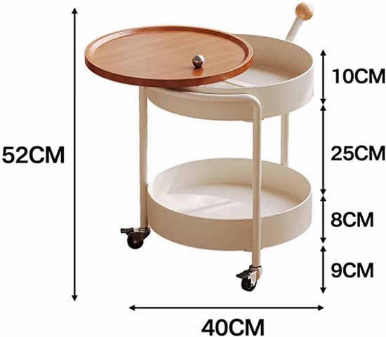 2-Tier Wit Metalen Eindtafel, Roterende Houtnerf Desktop, Verborgen Opslag & 360° Rolling Wielen voor Slaapkamer — afbeelding 2