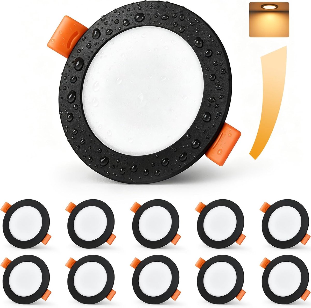 230 V, 5 W, 1090 lm, uitsparing Ø 65-75 mm, dimbaar, extra plat 25 mm, IP44 waterdicht, 2700 K, warmwit, voor badkamer, keuken en woonkamer, zwart, 10 stuks