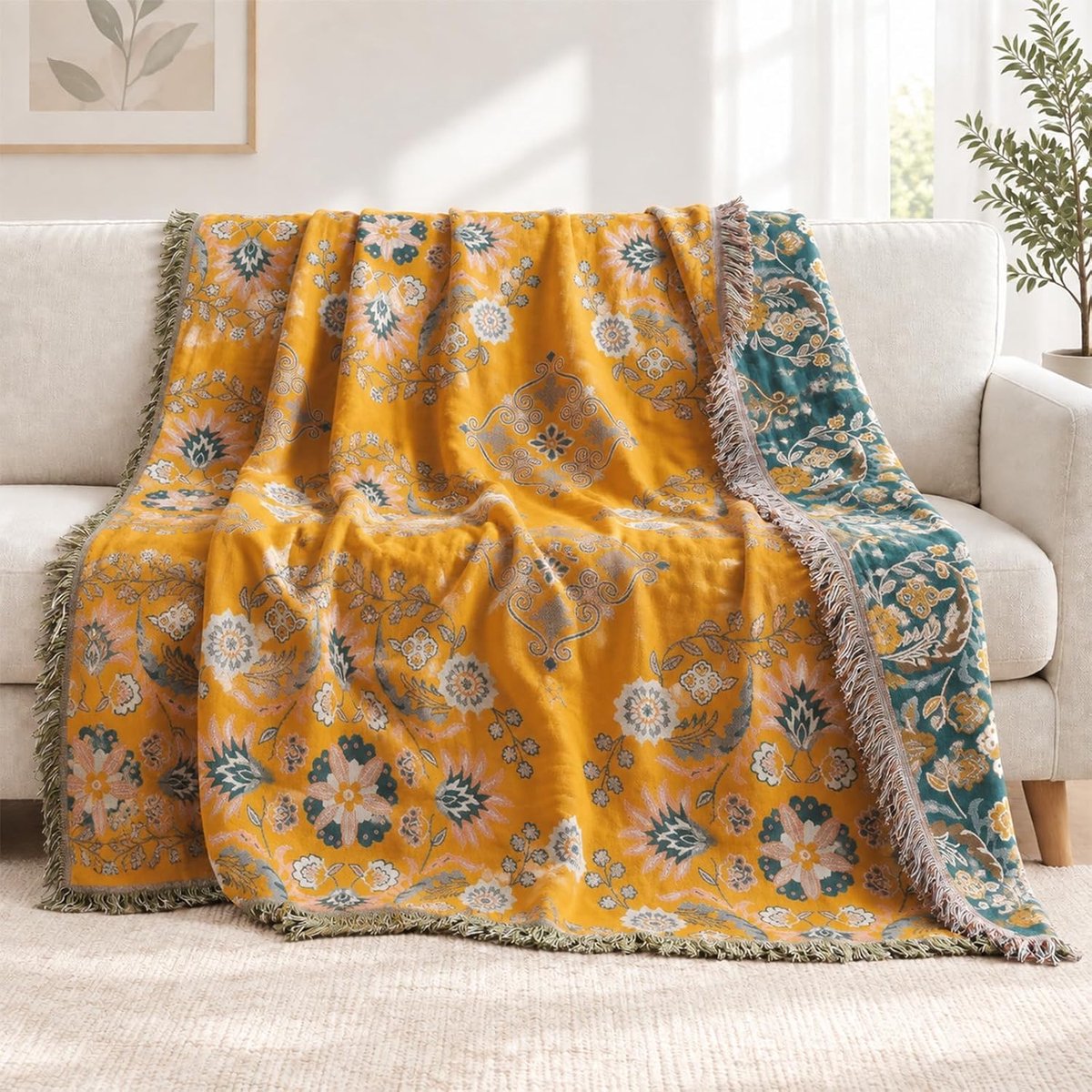 Sprei met franjes, 100% katoen, knuffeldeken, geel en blauw, 150 x 200 cm