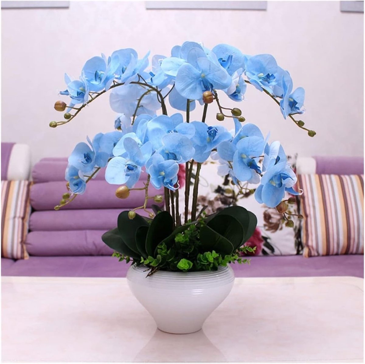 Kunstbloemen Simulatie bloem Phalaenopsis Set Woonkamer Fake Bloemdecoratie Woondecoratie Bloem Maaltijd aankleden met keramische vaas Decoratieve(Blue)