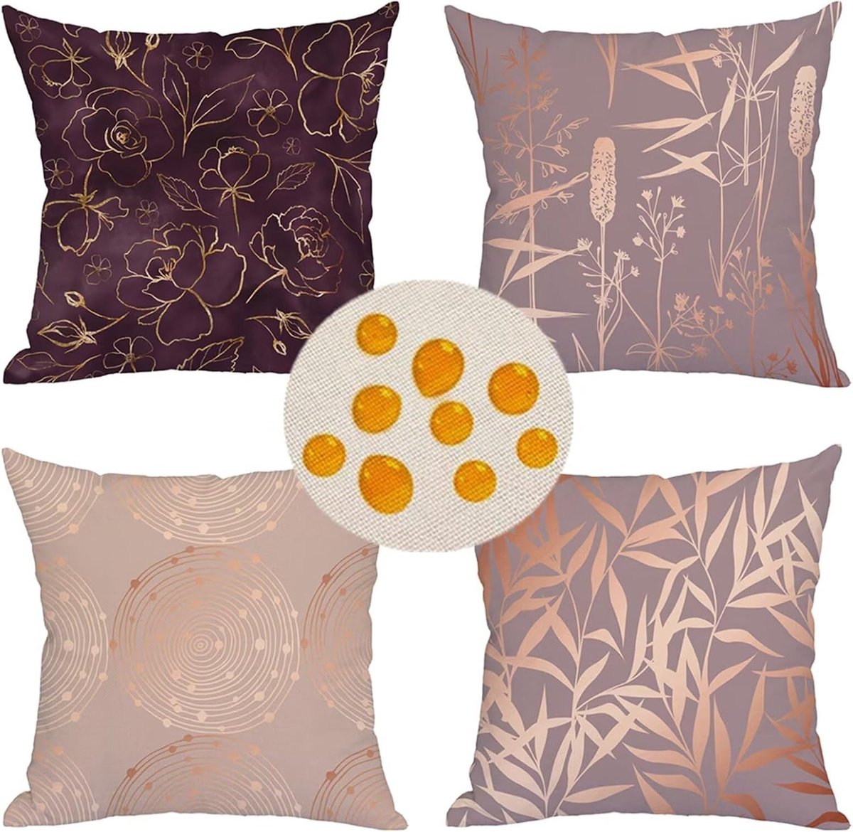 Kussenhoezen, waterdichte set van 4 champagne-bladgoud, vierkant dubbelzijdig linnen materiaal, met onzichtbare rits, kussens voor terras, balkon, bank, boerderij, tuin, decoratief 40 cm x 40