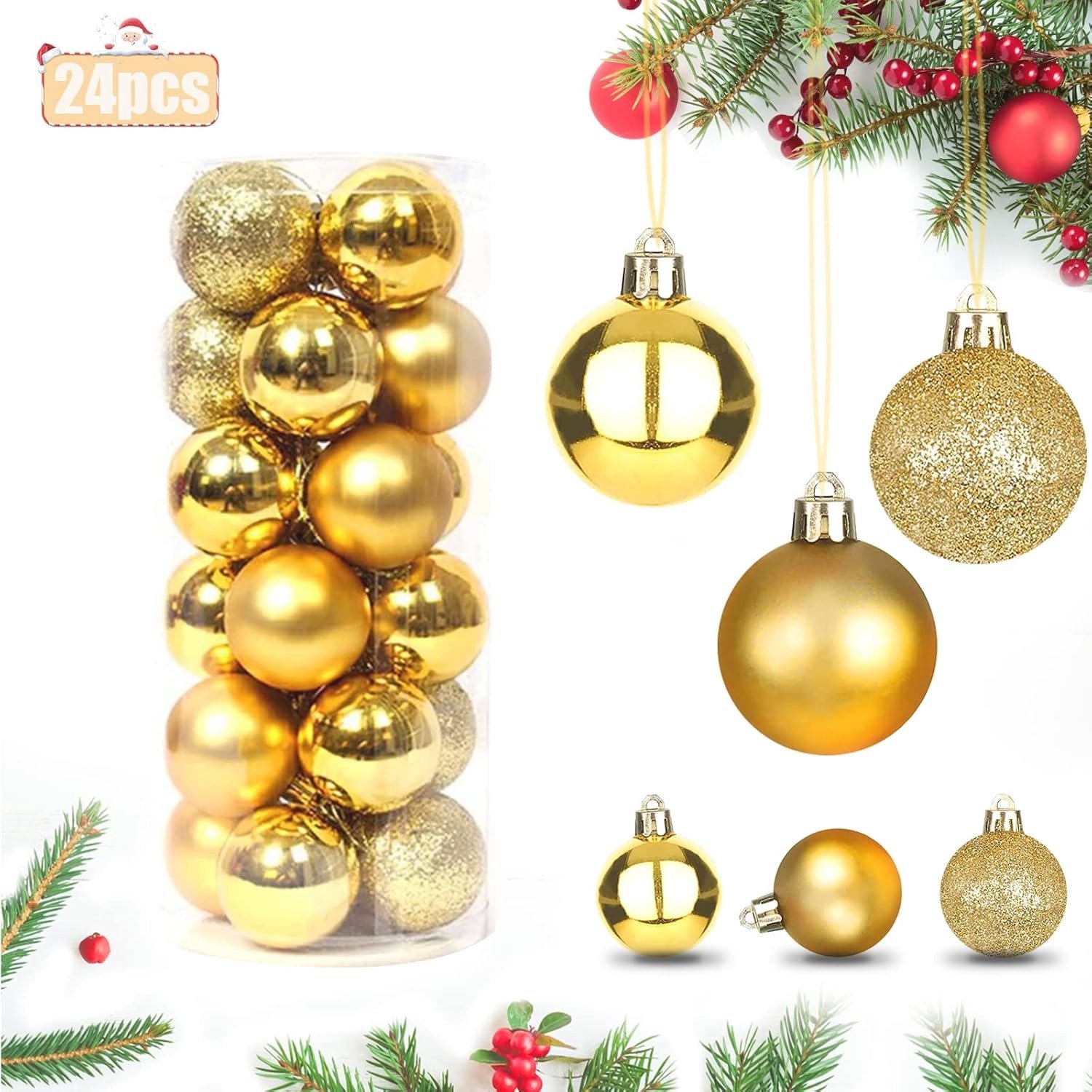 Decoratieve kerstballen set van 24 stuks voor boomversiering, hangende ornamenten in goud (4 cm)