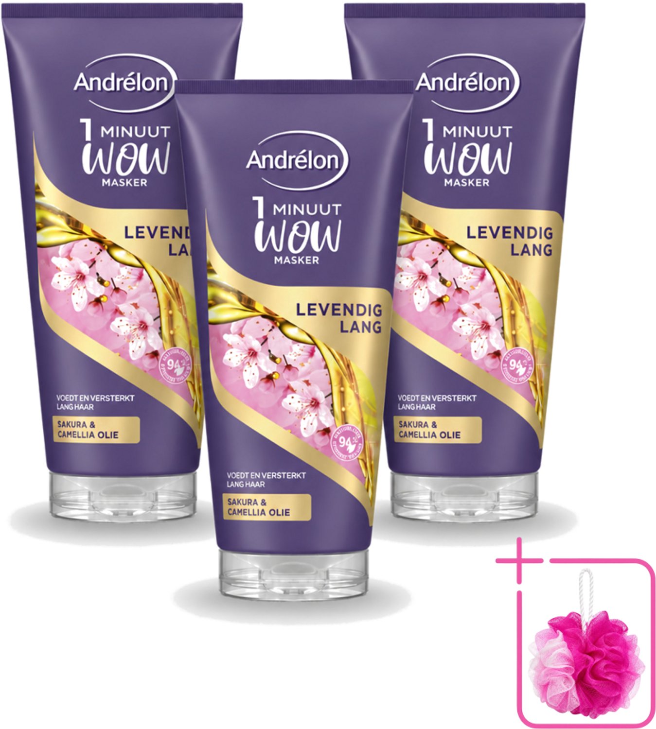 3 x Andrélon - WOW - Masker - Levendig Lang - 180 ml - Bulkverpakking - Haarmasker - Douchemop - Lang haar