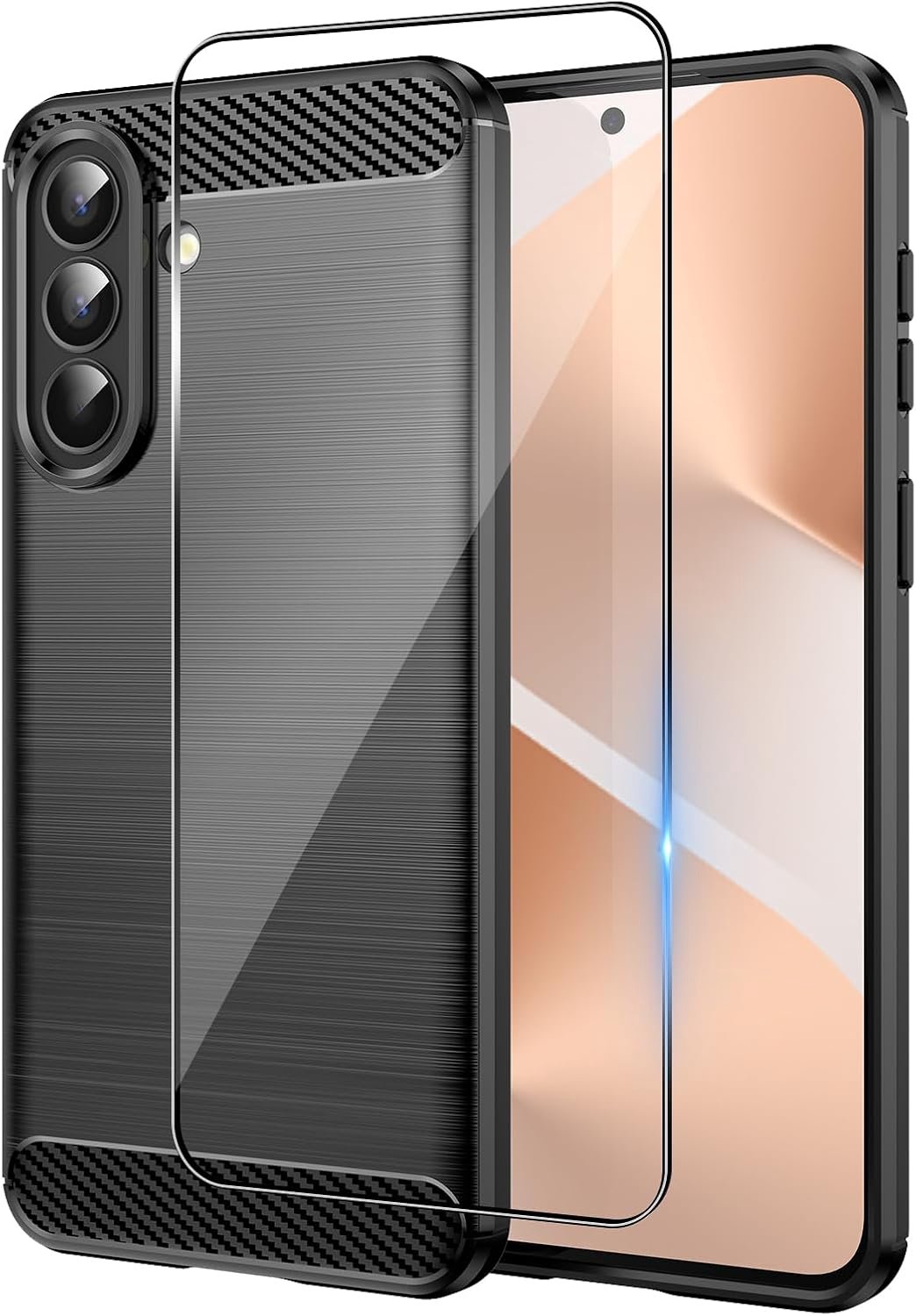 Beschermhoesje voor Samsung Galaxy A57 5G, met 1 stuks gehard glas, koolstofvezel, zachte TPU-siliconen, antislip, krasbestendig, zwart