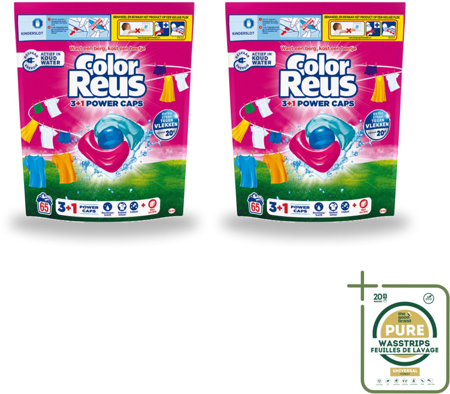 2 x Color Reus - 3+1 Power Caps - Gekleurde Was - 65 Wasbeurten - Wasstrips - Kleurbehoud - Wasmiddel - Wasresultaat - Vlekverwijdering - Krachtige Was