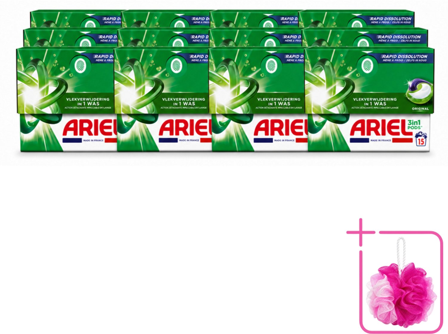 12 x Ariel - 3in1 Wasmiddel Pods - Original - 15 Pods - Bulkverpakking - Wasmiddel pod - Douchemop - Wasmiddel voor koude was