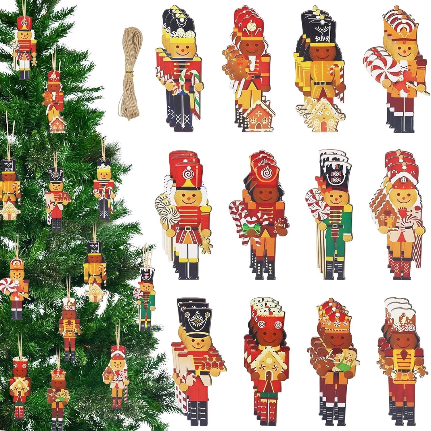 Houten Notenkraker Hanger, 36 Stuks, Kerstdecoratie, Houten Ornamenten, Versiering voor de Kerstboom en Raamdecoratie