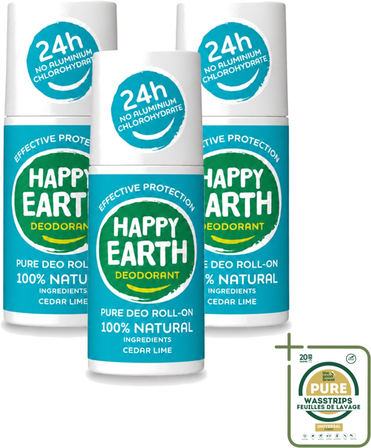 3 x Happy Earth – Deodorant Roll-On – 100% Natuurlijk Cedar Lime – 75 ml - Natuurlijke Deodorant - Cedar Lime - Roll-on Deodorant - Geur Ceder En Limoen - Gevoelige Huid